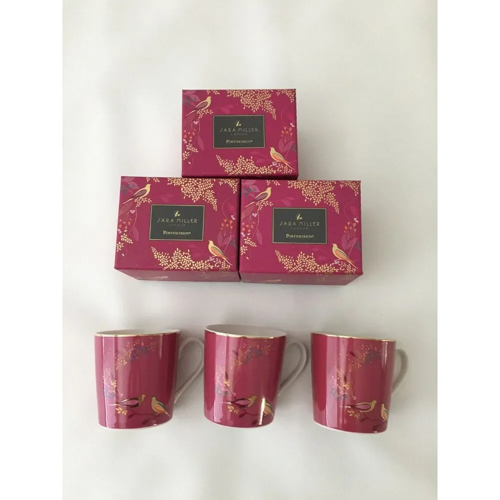 Sara Miller London Portmeirion Chelsea Pink Mugs 12 Oz Gold Set of 3 New Box